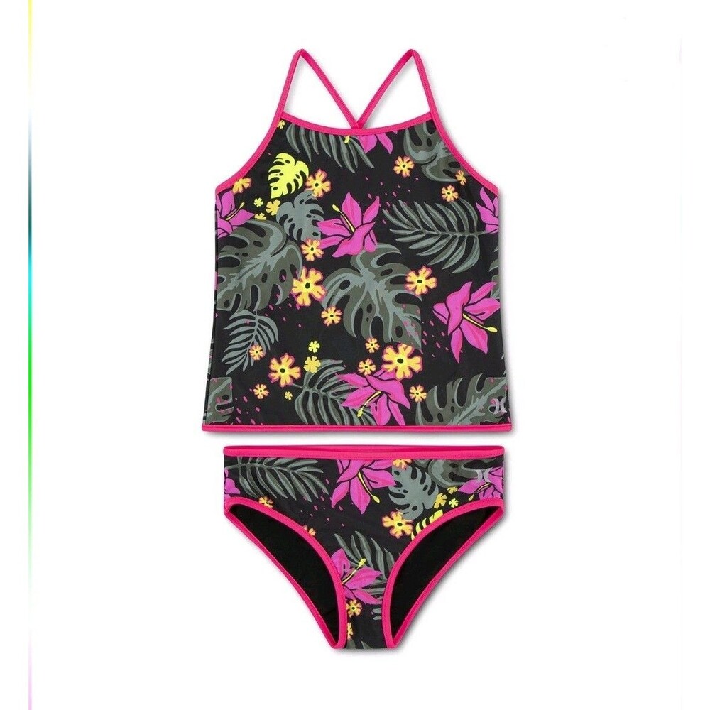 Hurley Girls XL 18/20 Tankini Swimsuit 2 Piece Tropical Floral Black Pink NWT